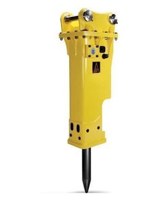 En gul hydraulhammare för grävmaskin på vit bakgrund.