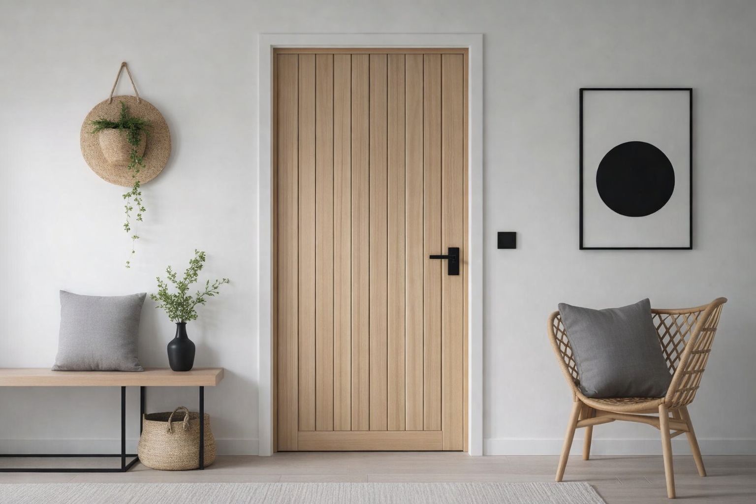 Modern innerdörr i ljust trä med vertikala paneler och svart handtag.