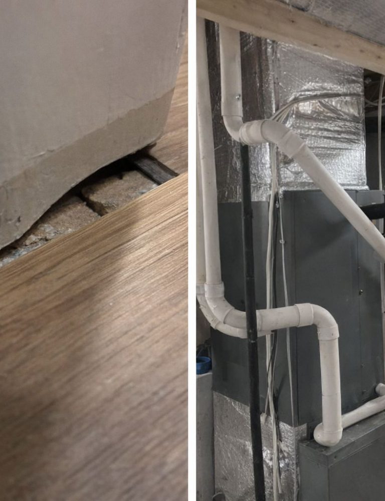 Närbild på en glipa vid dörrkarm och installation av rörsystem.